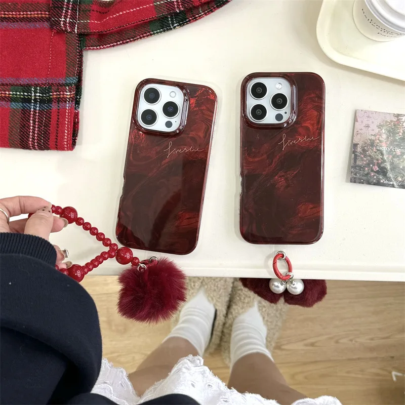 winter wine red laser art gemstones bracelet pendant Phone case For iPhone 16 15 14 13 Pro Max Case Cute Luxury shockproof Cover