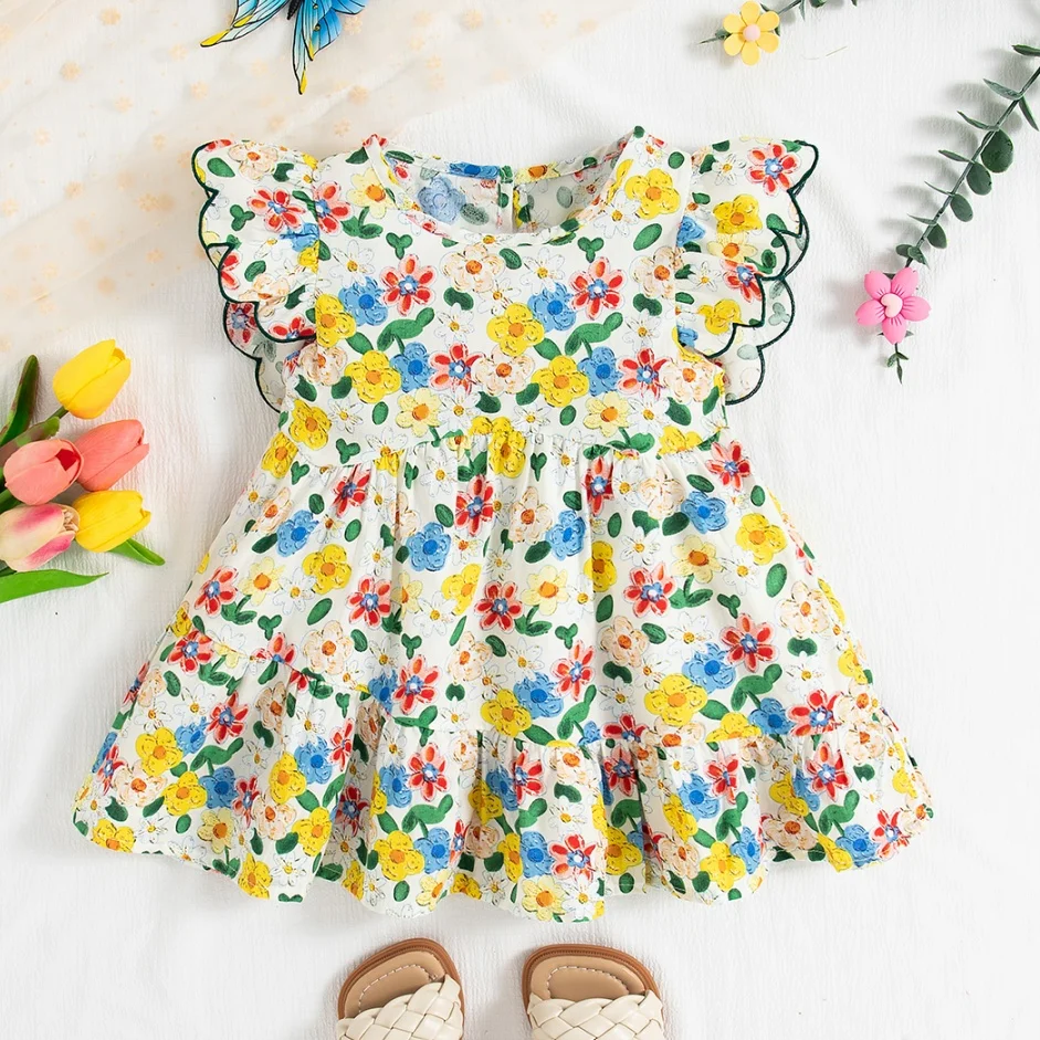 

Платье для маленьких девочек, летние хлопковые детские платья с маленькими летящими рукавами и принтом, милая пляжная одежда с героями мультфильмов для маленьких девочек