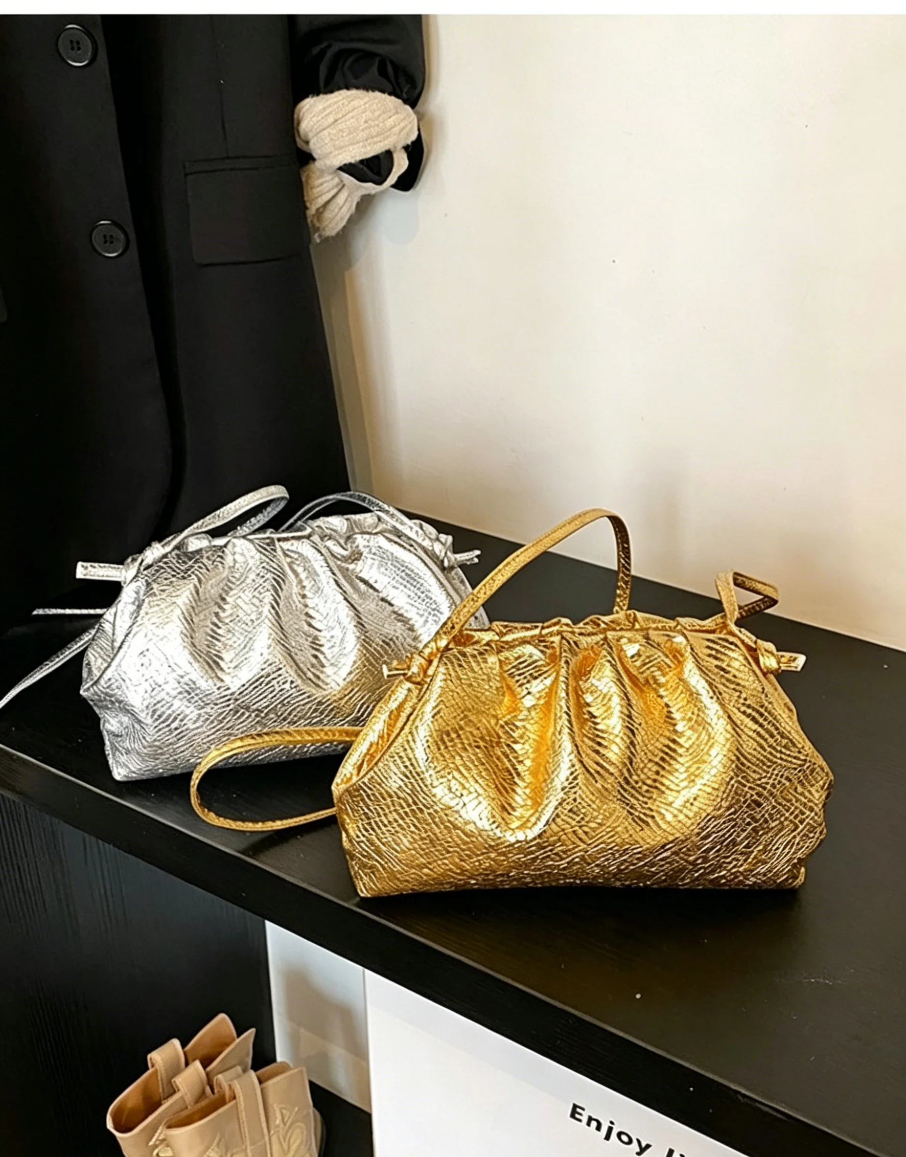 

Women's Metallic Ruched Crossbody Bag Gold Silver Textured Evening Shoulder Purse with Thin Strap