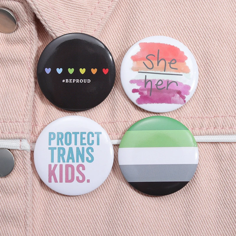 44mm Tinplate Soft Button Pin Protect Trans Kids Slogan Brooch For Clothes Bag Creative Metal Jewelry Gift Lapel Pin Badge 2023