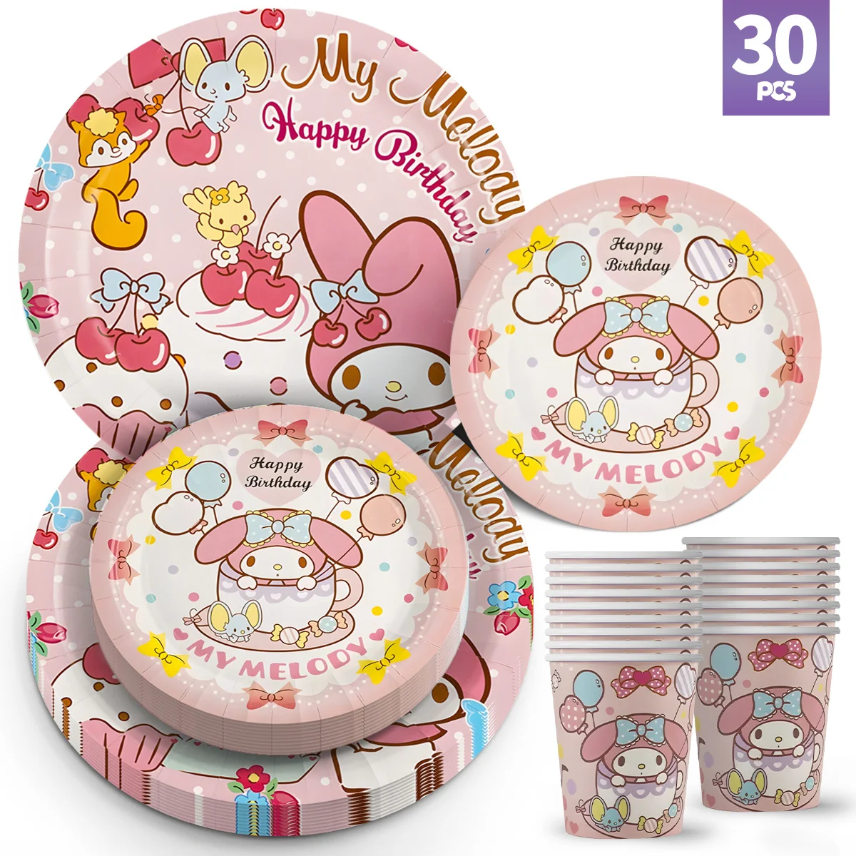 30 Uds. Juegos de cubiertos desechables con temática Sanrio My Melody, juego de vajilla de fiesta desechable para acampar, Picnics, fiesta de cumpleaños