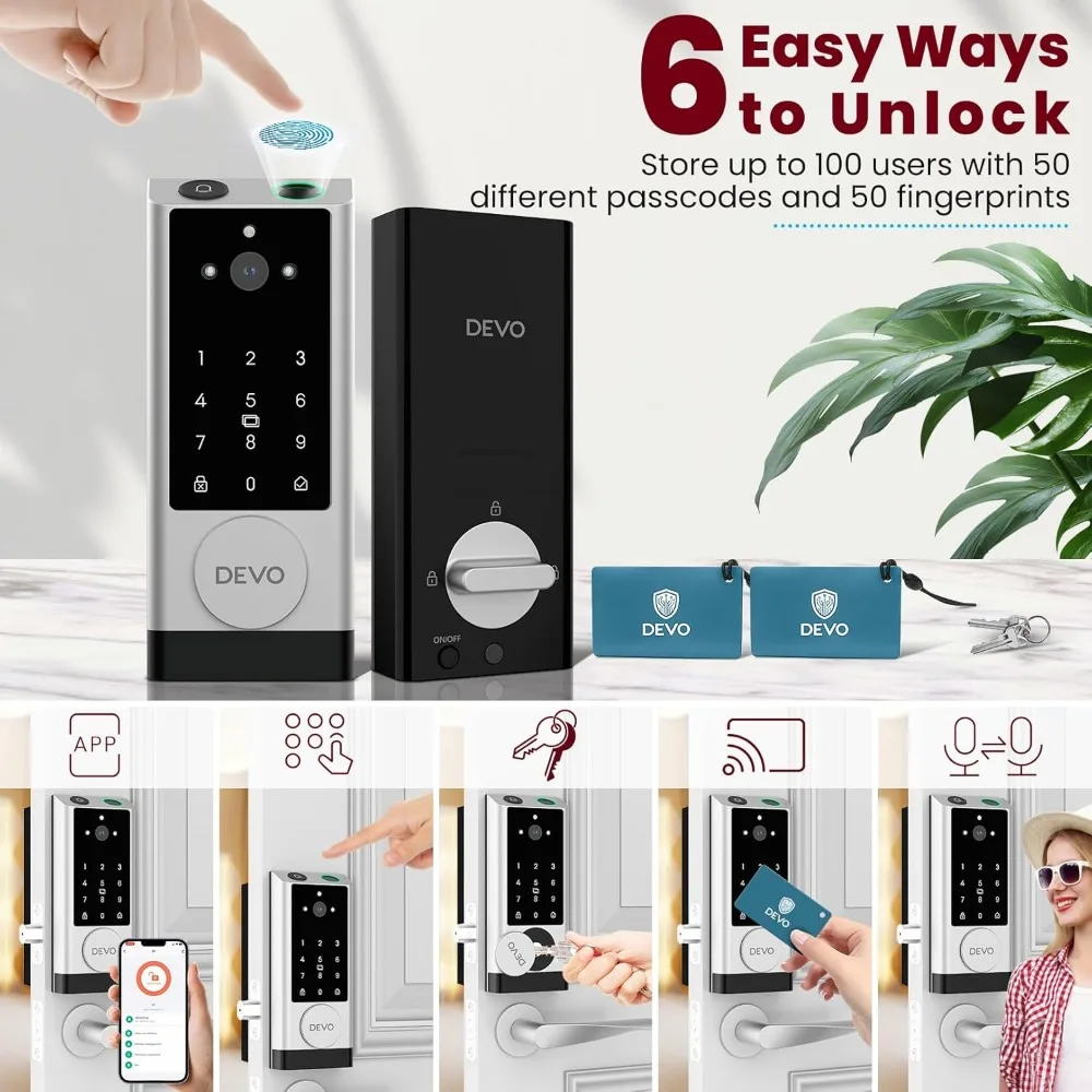DEVO G1 Video Smart Lock with Camera & Doorbell, 6-in-1 Keyless Entry Door Lock with Fingerprint, App Remote, Auto Locks, Built-
