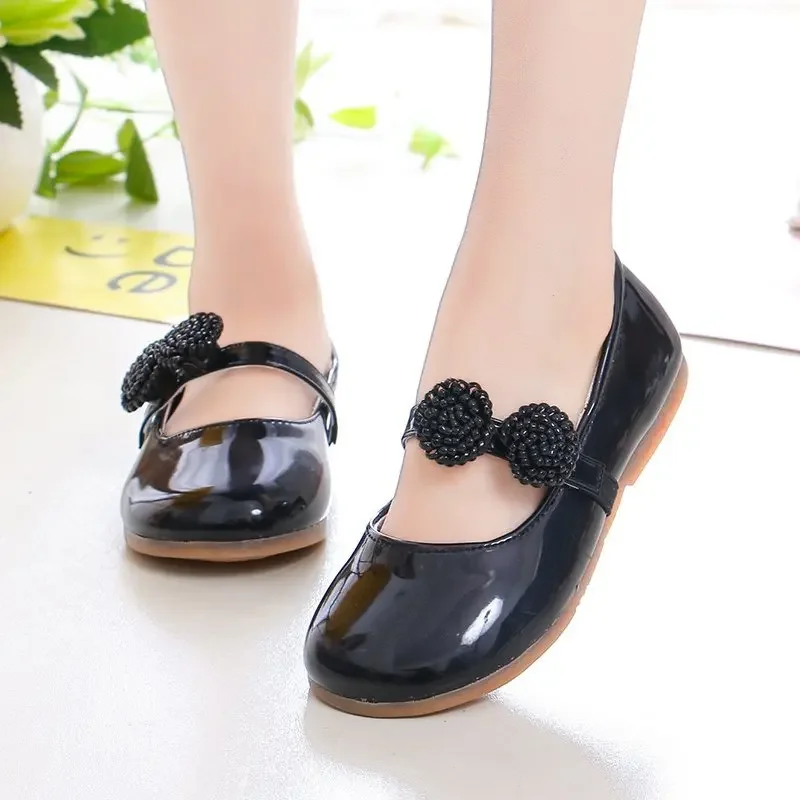 Kids Black Leather Shoes for Girls School Dress Shoes Floral Flower Girl Flats for Wedding Party Children Mary Janes Princess