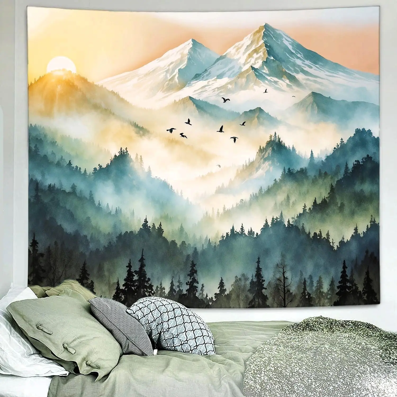 Boho Misty Sunset Forest Tree Tapestry Wall Hanging Sunrise Nature Landscape Psychedelic Headboard for Bedroom Living Room Home