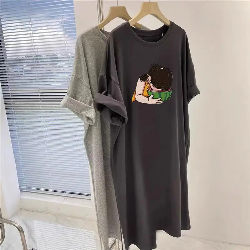 ผ้าฝ้ายแขนสั้น O-คอเสื้อยืดผู้หญิงฤดูร้อนหลวมแฟชั่นการ์ตูนพิมพ์ชุดเข่า