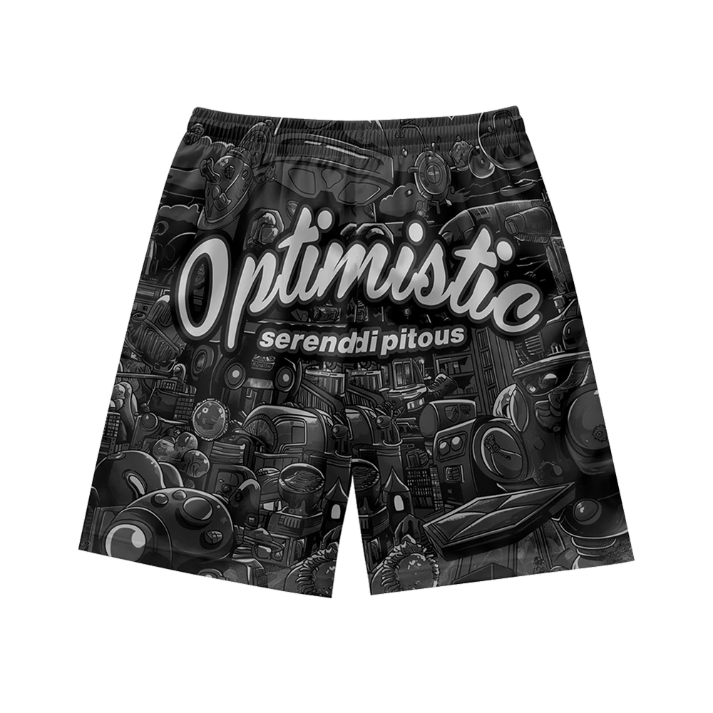 Optimistic theme mechanical pattern printing, personalized fashion, casual trend, summer men's drawstring beach sports shorts