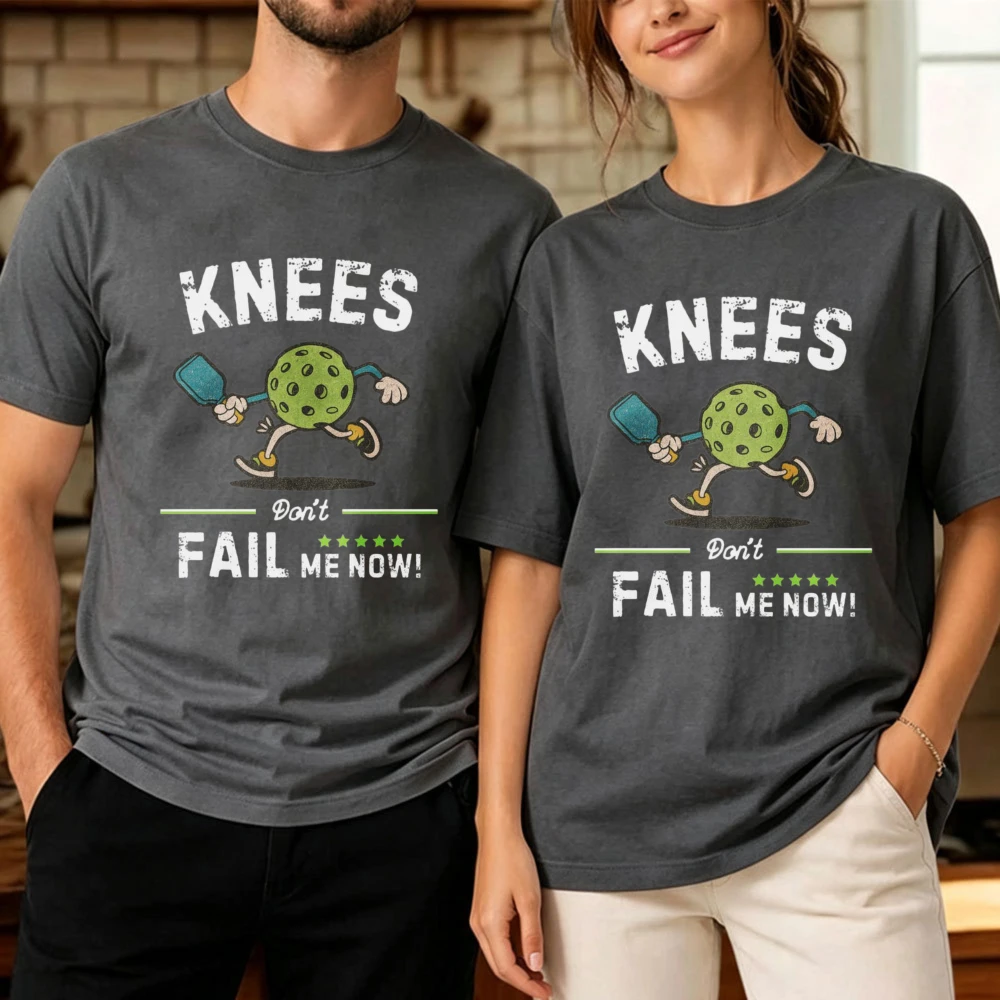 Vintage Cartoon Running Pickleball Character Holding Paddle Print Cotton T Shirt Knees Don’t Fail Me Now Funny Slogan Lover Tops