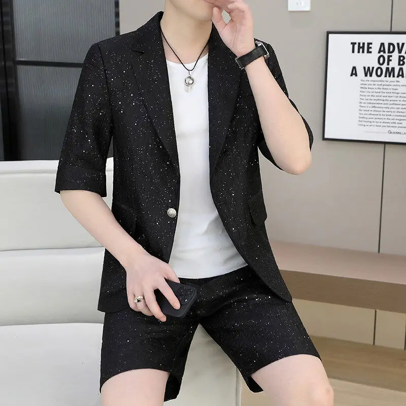 

Летний мужской повседневный однотонный костюм с брюками 3/4, стандартный крой, из тонкого полиэстера, с рукавами 3/4, одинарный комплект