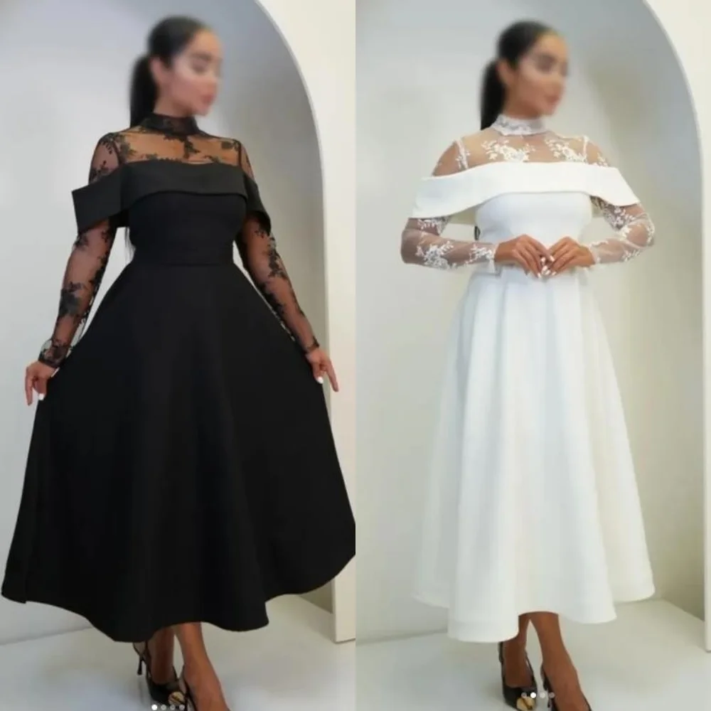 تخصيص رائعة الرسمية جيرسي الطية الدانتيل ألف خط عالية الياقة فساتين متوسطة الطول مخصص فساتين المناسبات الأحجام المتاحة الكلاسيكية