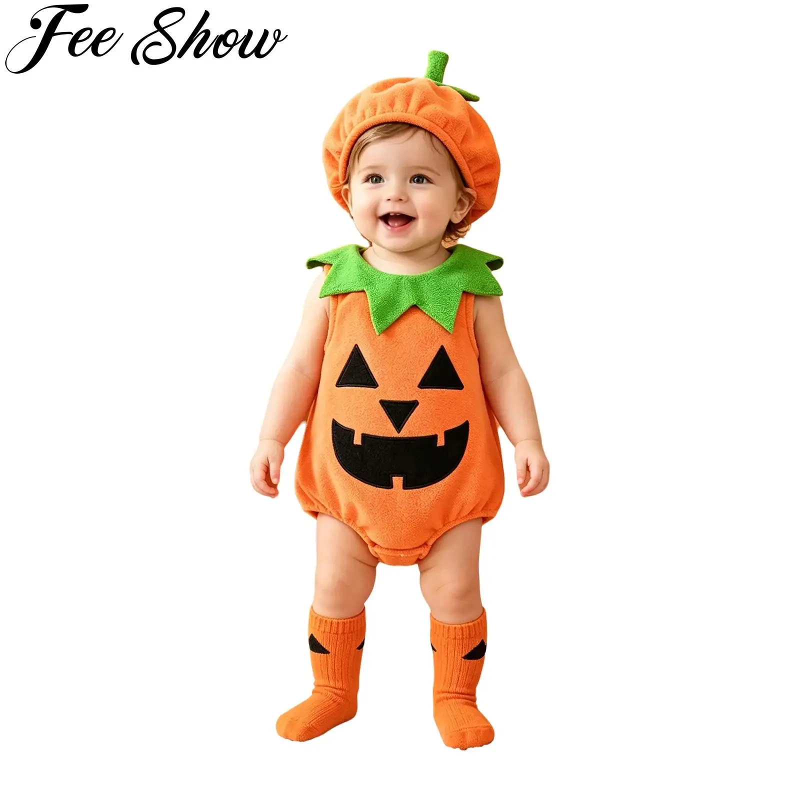 Baby Boys Girls Halloween Pumpkin Costume Sleeveless Embroidered Romper with Hat Toddler Outfits Halloween Theme Party Dress Up