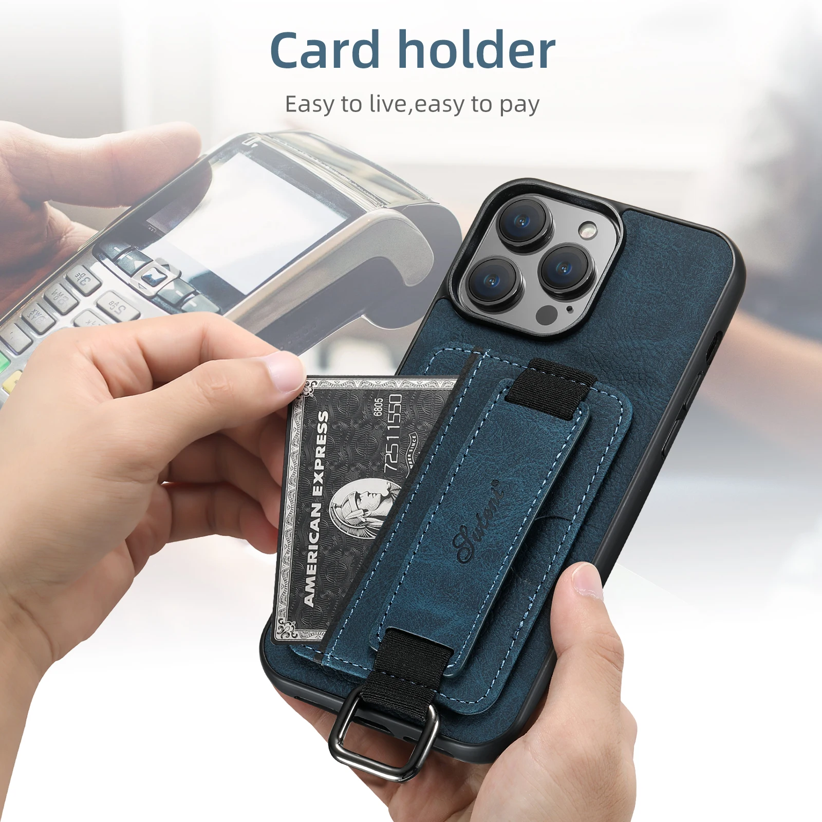 SUTENI Lychee-Haut-Print Handgelenkband Karten-Handyhülle Kartenhalter für iPhone 17 Pro Max 16 Plus 15 14 13 12 11 XR XS – Detail 16