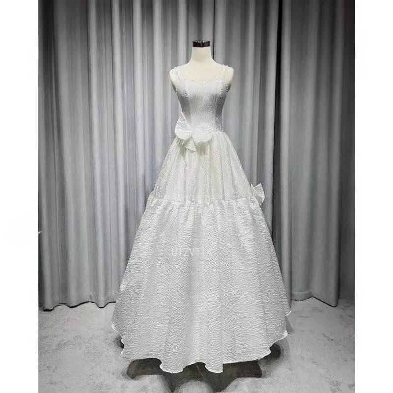 가벼운 웨딩 드레스 간단한 한국 스파게티 스트랩 보우 v 넥 사진 촬영 드레스 흰색 민소매 긴 Dridal 드레스 2025