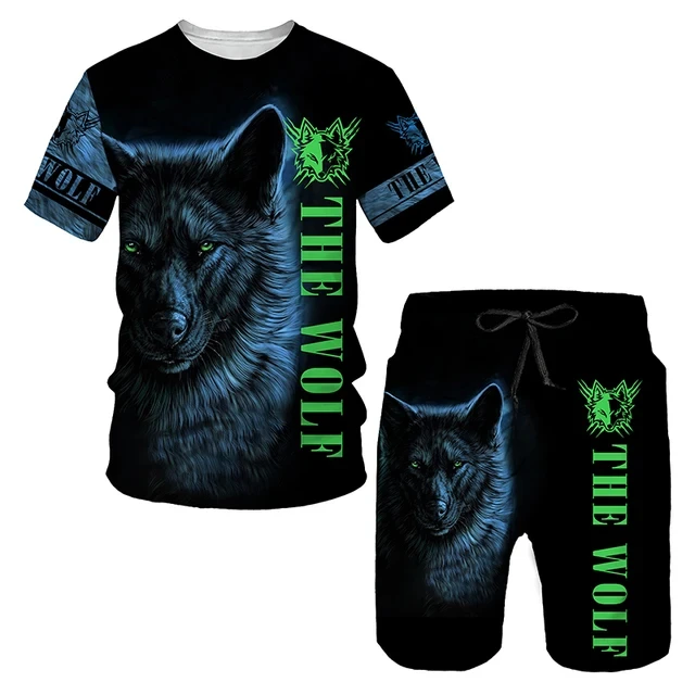 The Wolf Print Set Suit Hip Hop Harajuku 3D Sports 2 Piece Oversized Sweatshirt  O-neck Tshirt Beach Shorts Outfits man clothes