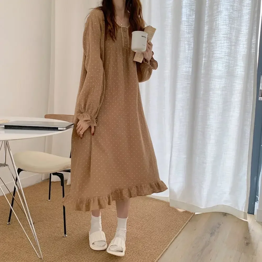 Women Sweet Lace Cotton Long Sleeve Nightgowns Female Spring Autumn Loose Korean Style Home Girls Cute Top Pants Loungewear