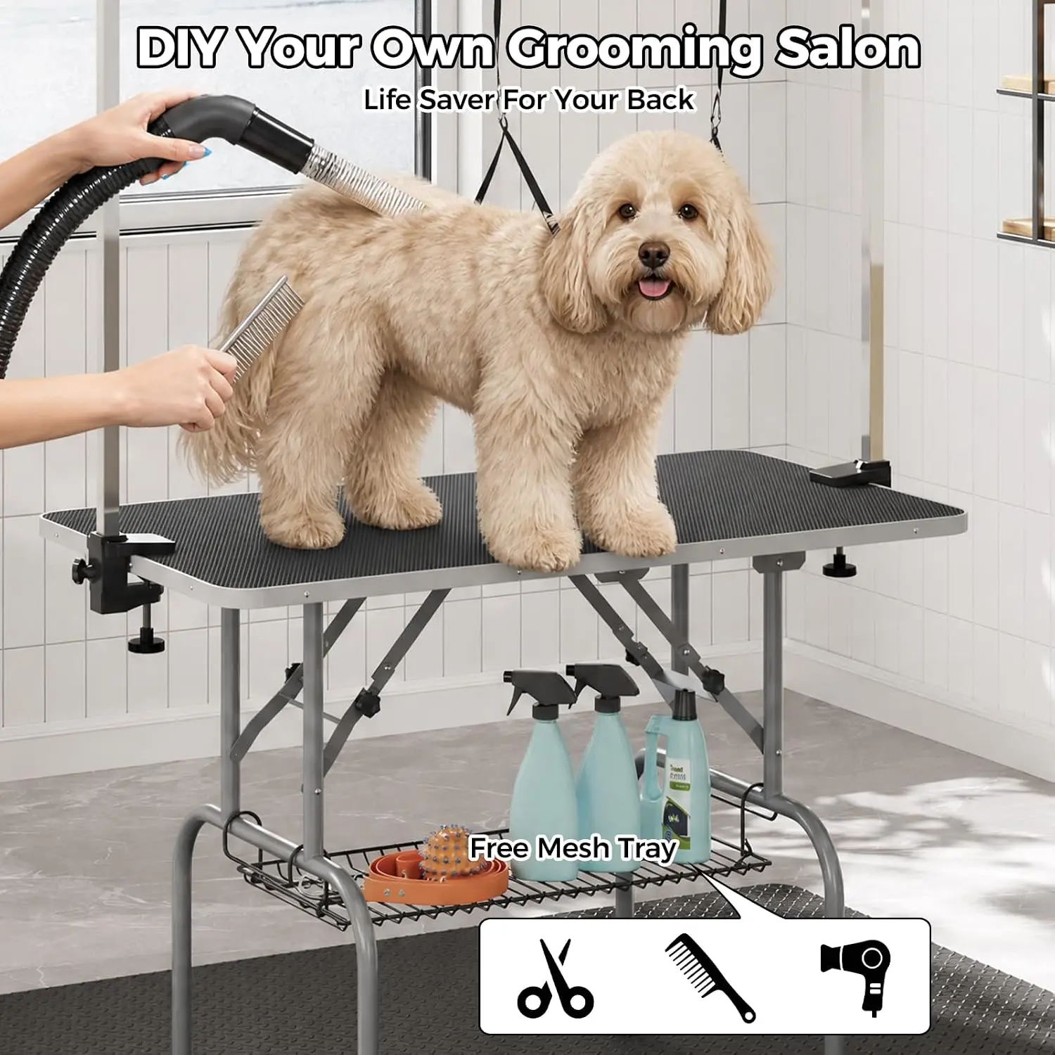 Garvee 42Inch Foldable Dog Grooming Table Professional Pet Grooming Station 350lbs Stainless Steel Table Adjustable H Arm Mesh Storage Basket Waterproof Anti-Slip Top, 3 Safety Nooses for All Dogs