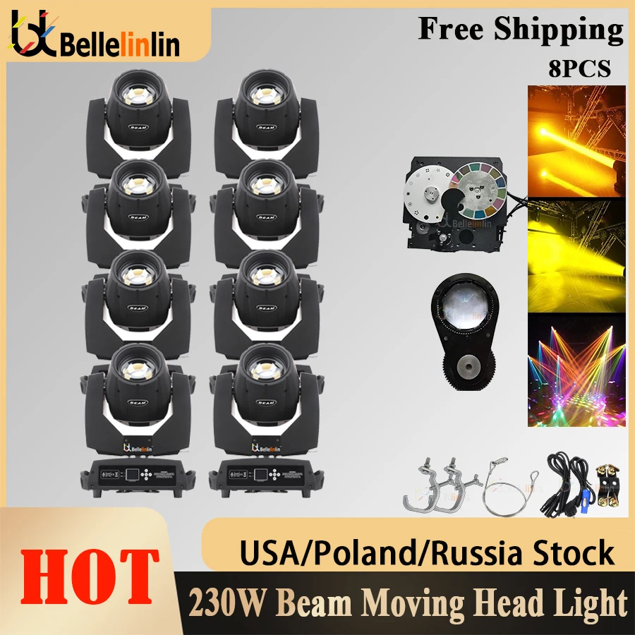 8Pcs Moving Head DMX Light Lyre Beam 7R 230W Com Rotating 8 + 16 + 24 Prism Stage Effect Para DJ Party Disco Club Casamento