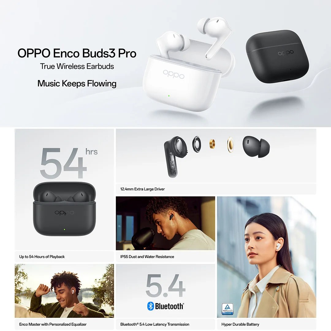 الإصدار العالمي OPPO Enco Buds3 Pro سماعة أذن لاسلكية حقيقية، عمر بطارية 54 ساعة، محرك ديناميكي 12.4 مم، BT 5.4، IP55 #2