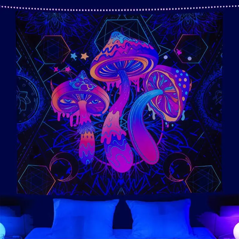 VIKAMA Blacklight Mushrooms Tapestry Wall Hanging Trippy Eyes Sacred Geometry Pink Blue Psychedelic Aesthetic Wall Art Decor