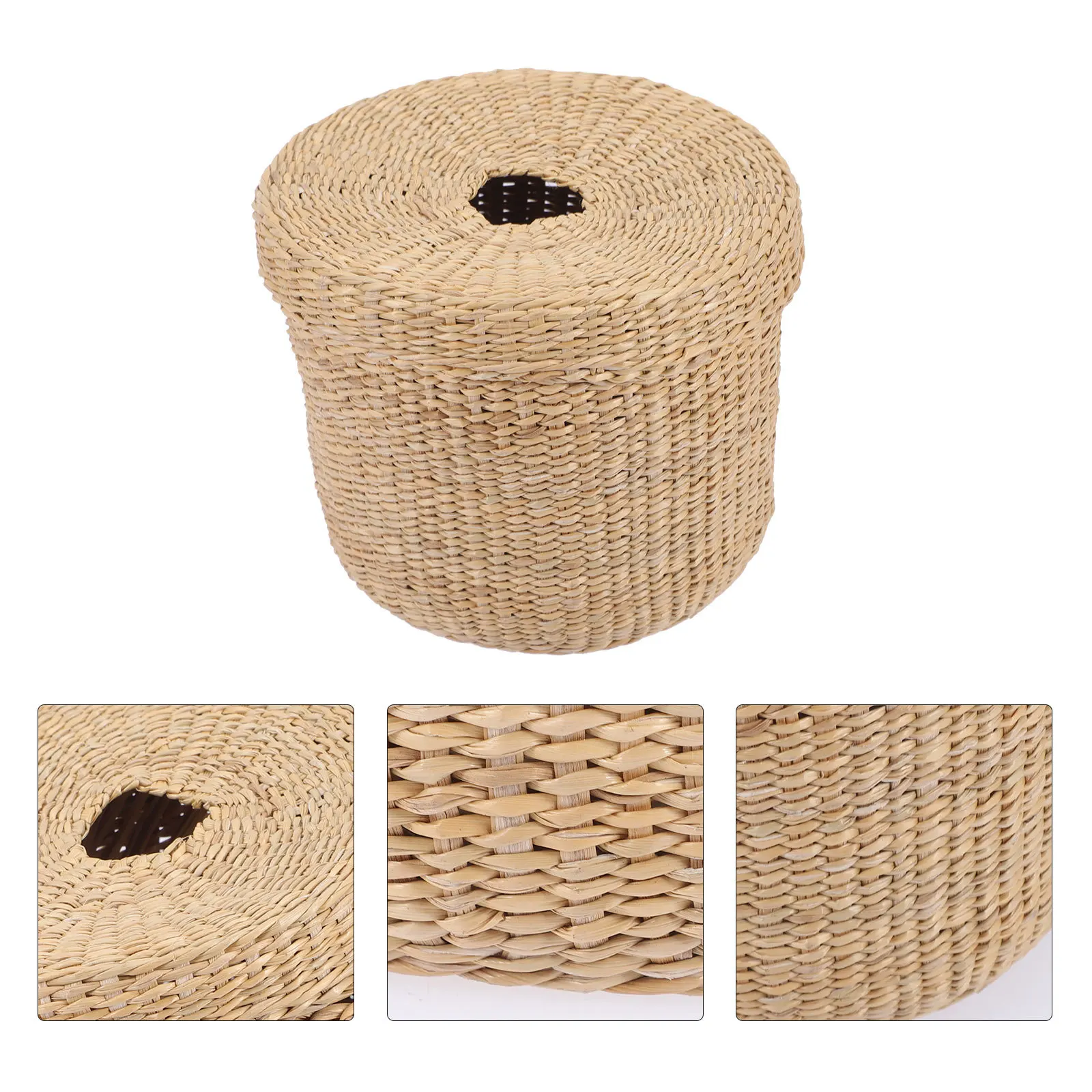 

Round Straw Woven Tissue Box Desktop Napkin Holder Natural Style Storage Organizer for Home Office Car Decorative Use