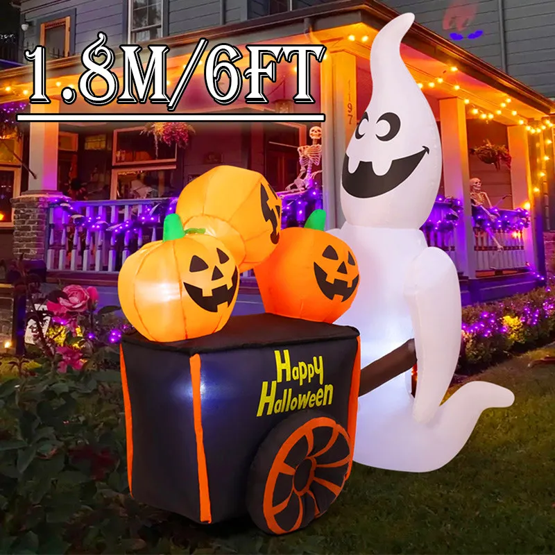 6ft decoração de halloween brinquedo inflável fantasma empurrar carrinho de abóbora com luzes led festa de férias ao ar livre modelo inflável de halloween