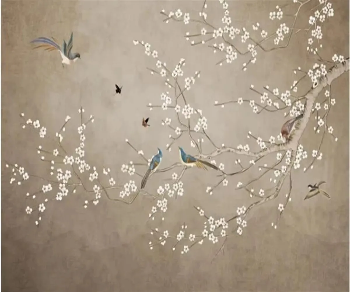 ورق حائط ثلاثي الأبعاد مخصص جديد صيني مرسومة يدويًا على شكل زهرة وجدار الطيور لغرفة النوم وغرفة المعيشة وأريكة خلفية