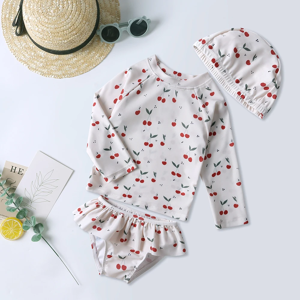 Kinder Mädchen Badeanzug Sommer Bikini Mädchen Badeanzug Langarm Kinder Bademode mit Hüten – Detail 2