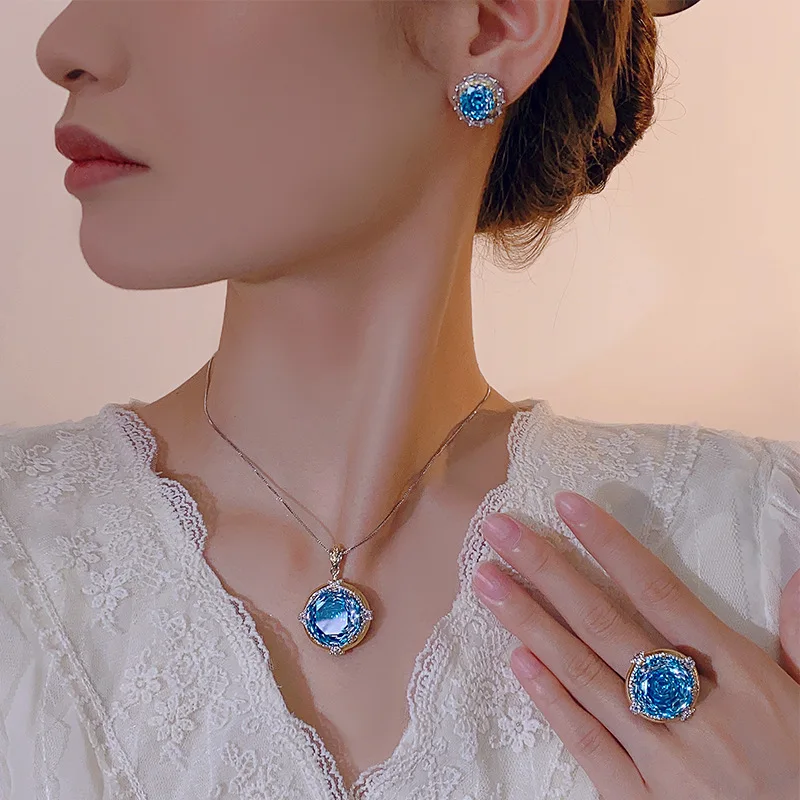 

Vintage Blue Crystal Jewelry Round Cut Adjustable Ring Necklace and Earrings for Women Luxury Statement Jewelry for Party Gift