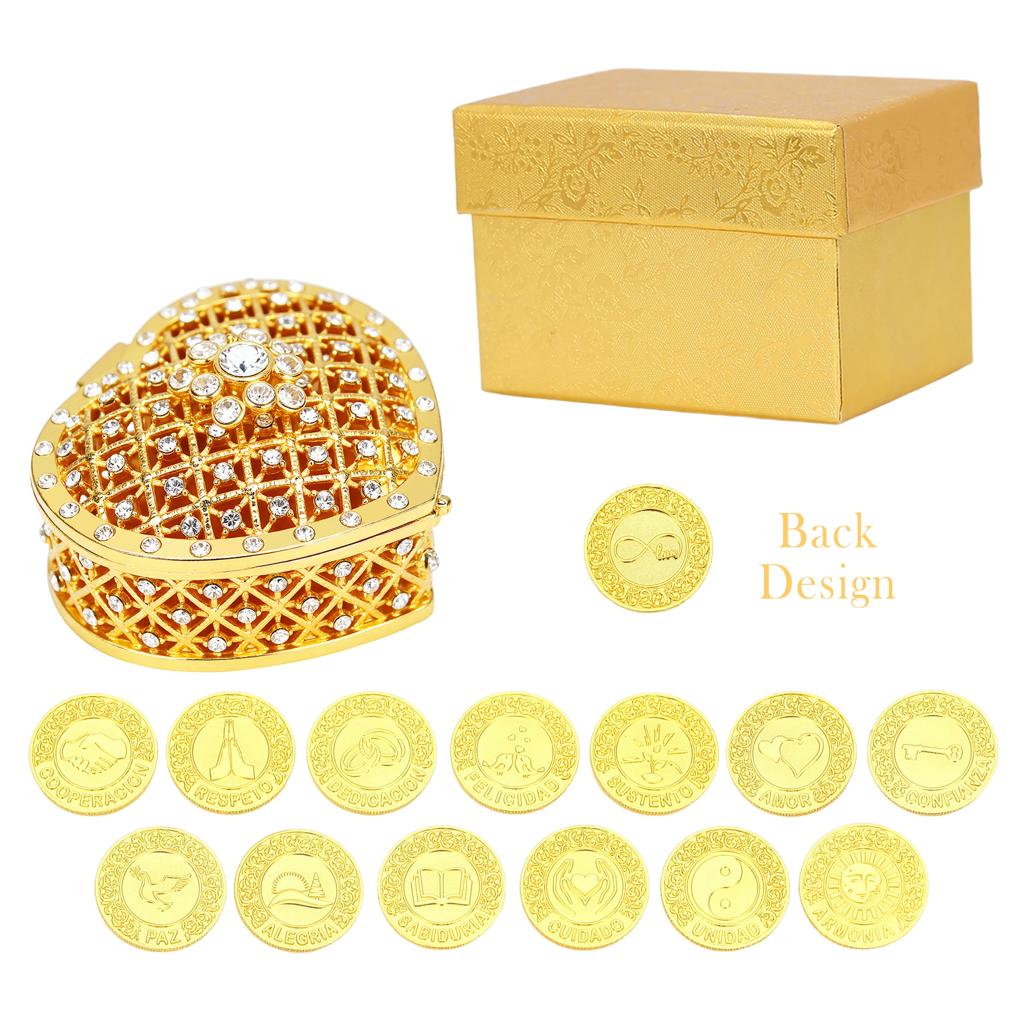 

13 English Words Wedding Arras Unity Coins Set with Heart Shaped Box, Arras De Boda Catolica for Wedding Ceremony