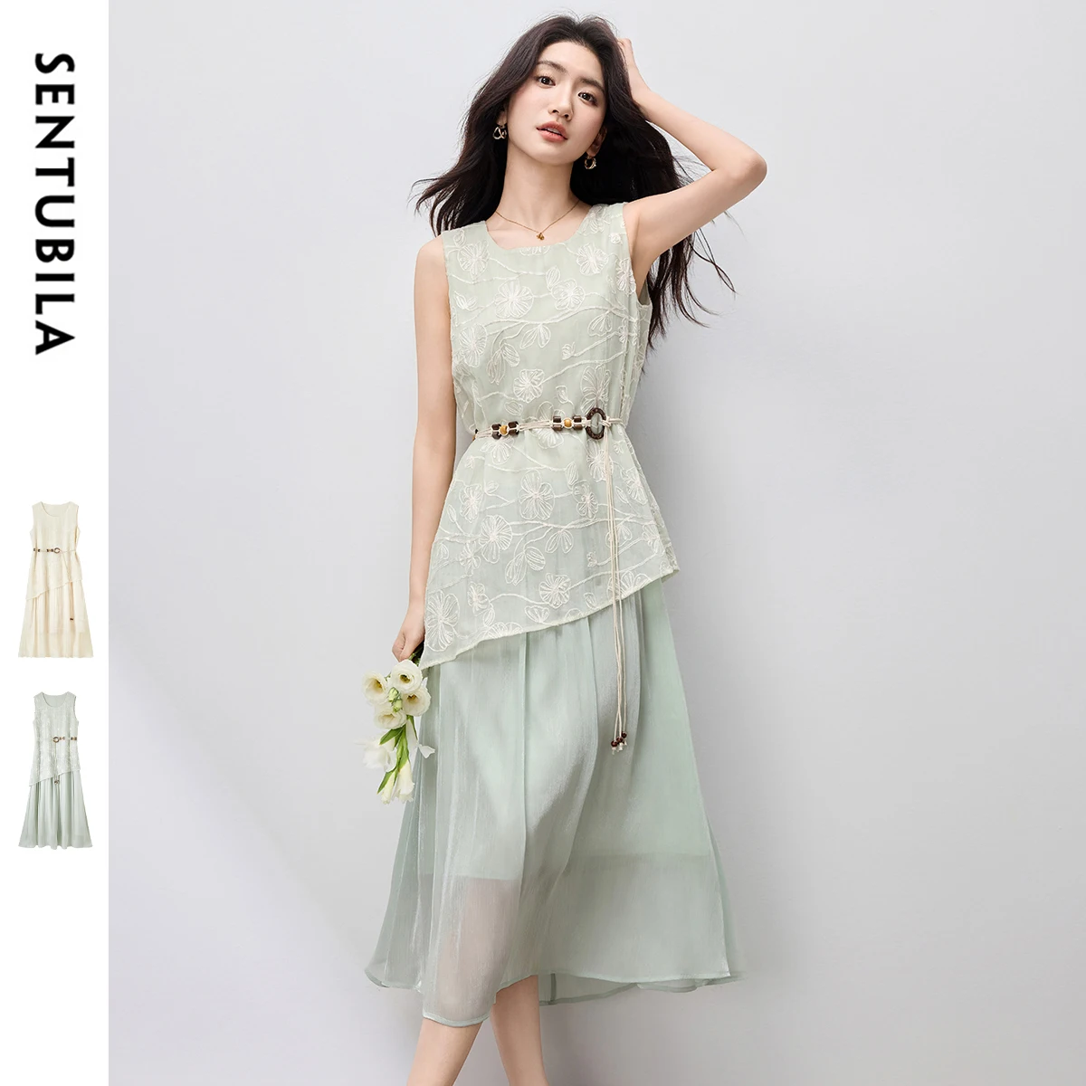 

SENTUBILA Summer Resort Dress Woman 2025 One-piece Embroidered Splicing Long Dresses Irregular Hemline Womens Dresses Q52LP1597