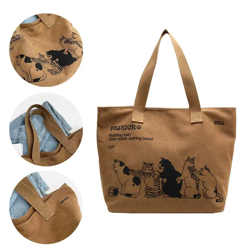 

Cute Cat Print Women's Canvas Tote Bag Fashionable Spacious Durable Shoulder Bag with Zipper Closure and Classic Tote
