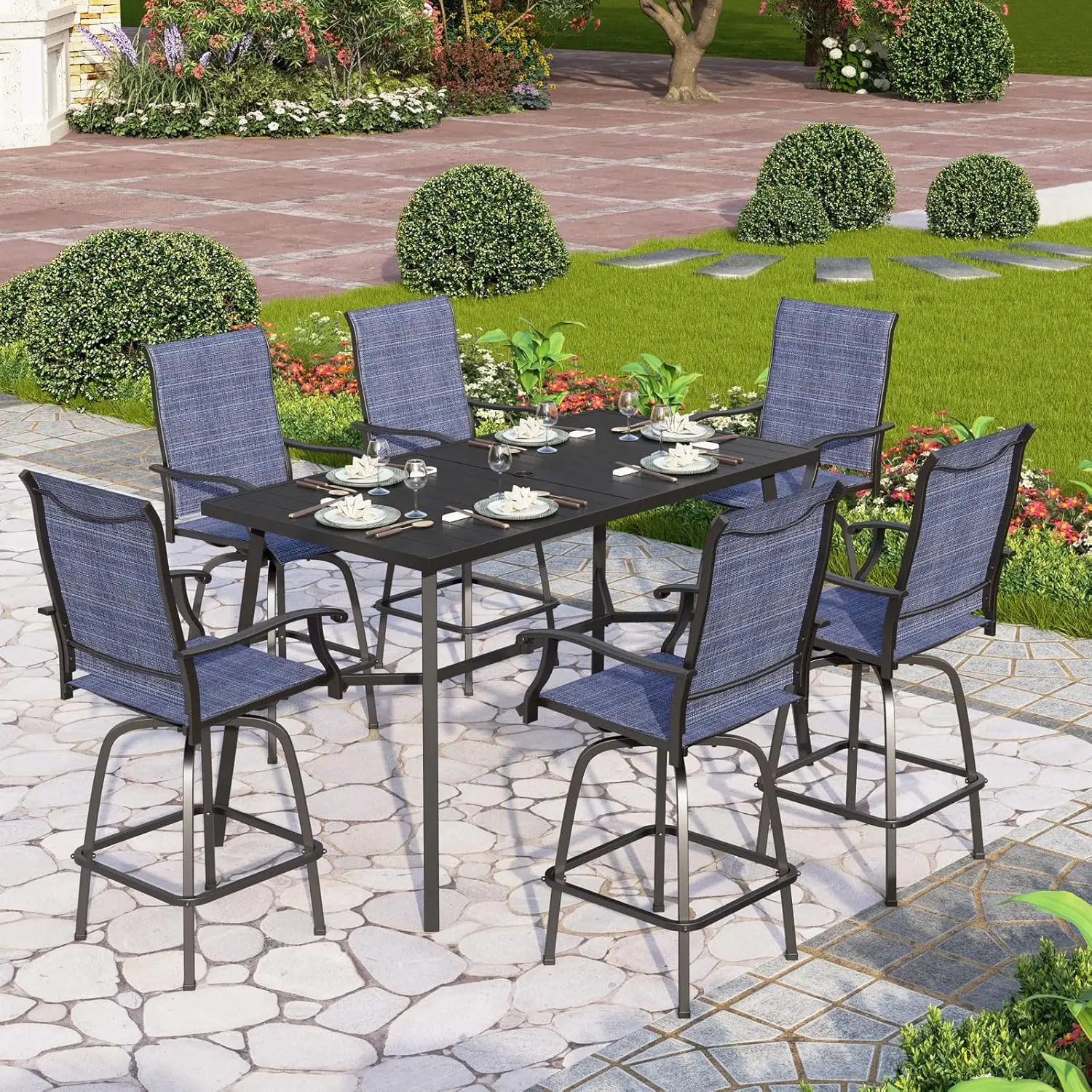 

Outdoor Bar Set, 7 Piece Patio Dining Table and Swivel Bar Stools with Metal Table, for Garden, Pool, Yard and Terrace