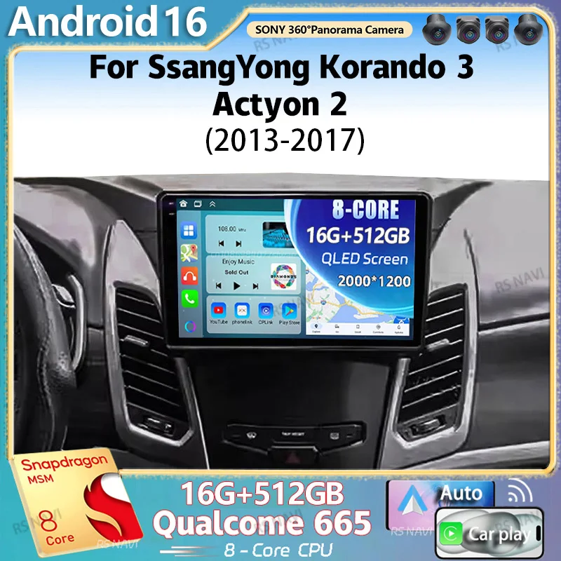 Radio Multimedia para Auto Android 16 para SsangYong Korando 3 Actyon 2 2013-2017, Reproductor de Video Estéreo 2K QLED, GPS, 4G, CarPlay
