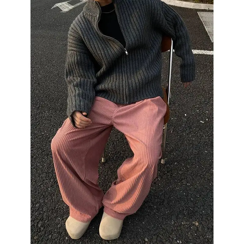 

Korean INS Retro Niche Pink Corduroy Pants with Sense Design Personality High End Sense Y2K Casual Pants Men Straight Pants