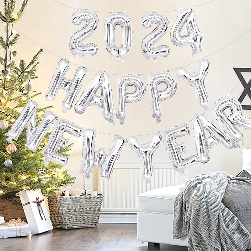 

1set Happy New Year 2024 Letter Aluminium Film Balloons Decoration Balloons Set Home Decoration Supplies Aluminum Film Letter