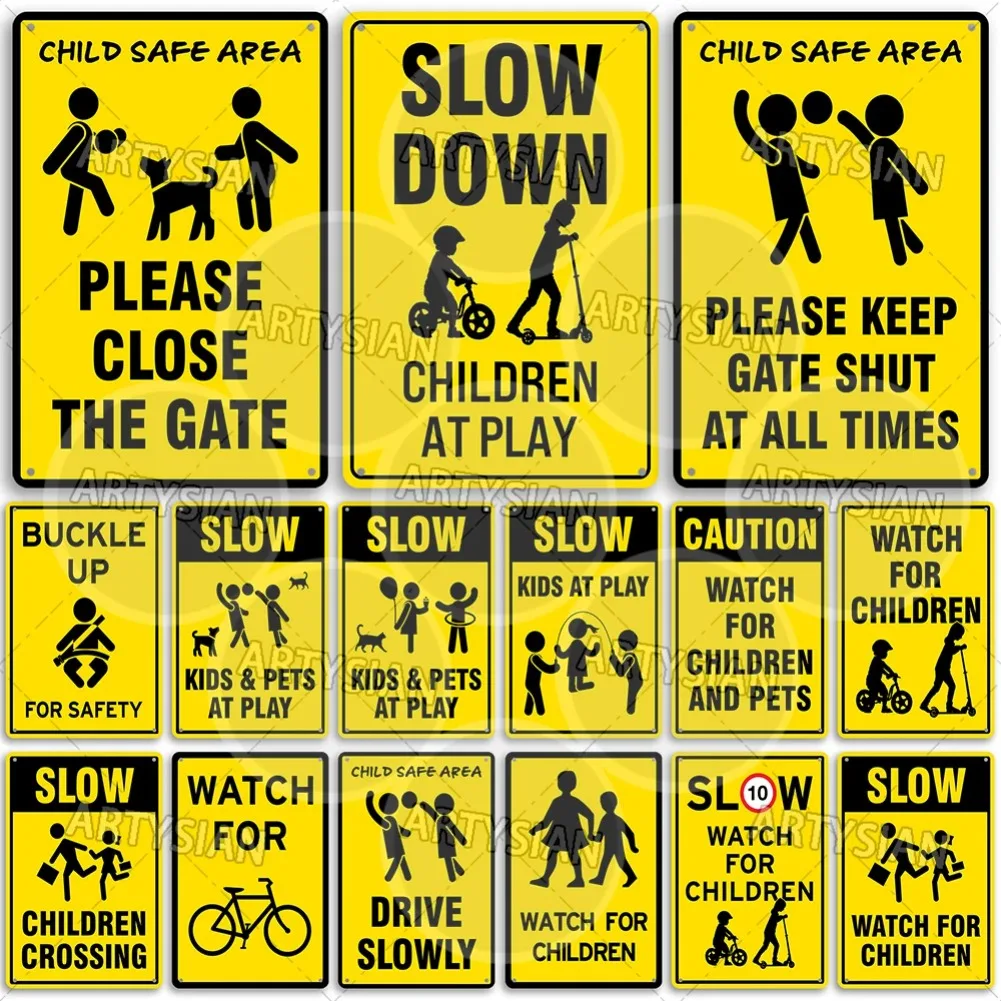Child Safety Metal Sign Kids Plaque Drive Slowly No Unsupervised Children Swimming Pool Caution Children at Play