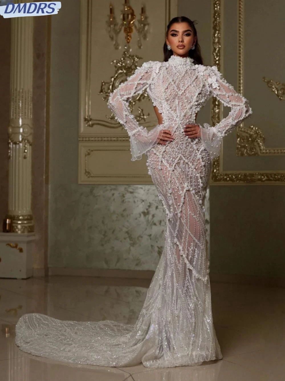 

Sexy Illusion Prom Dress Sequined Pearls Beads Cocktail Gown 2025 Luxury Straight Long Evening Dresses Customized Robe De Mariée