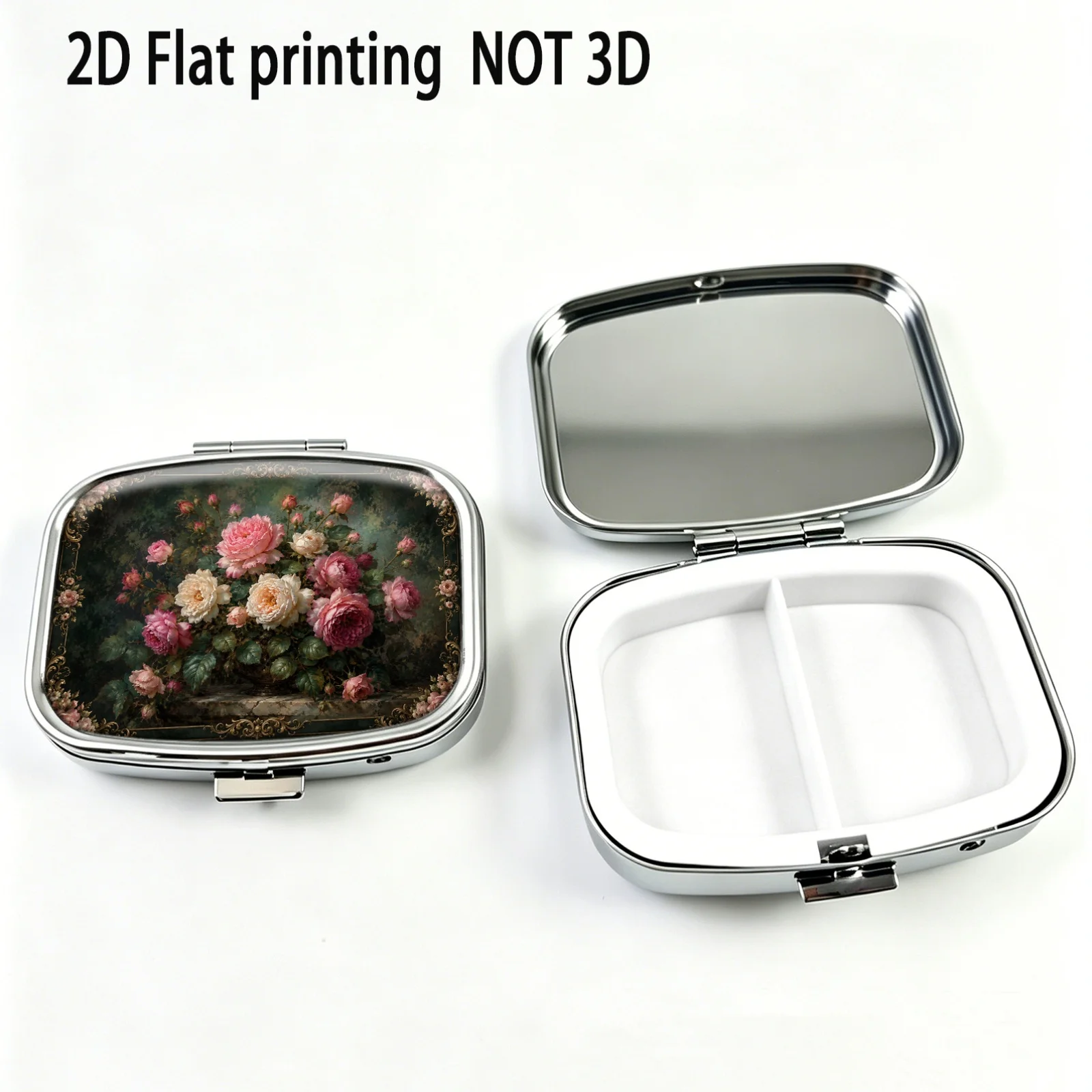 Dark-Toned Vintage Border with Pink Peony Floral Oil Painting Pattern, Small Square Two-Compartment Pill Organizer, Portable Medicine Storage, Can Also Be Used as a Household Portable Organizer, Decorative Box, Perfect for Handbags, Wallets, and Travel, Metal Storage Box, Small Jewelry Organizer, Ideal for Holiday Gifts, Souvenirs, Prizes, and Small Gifts