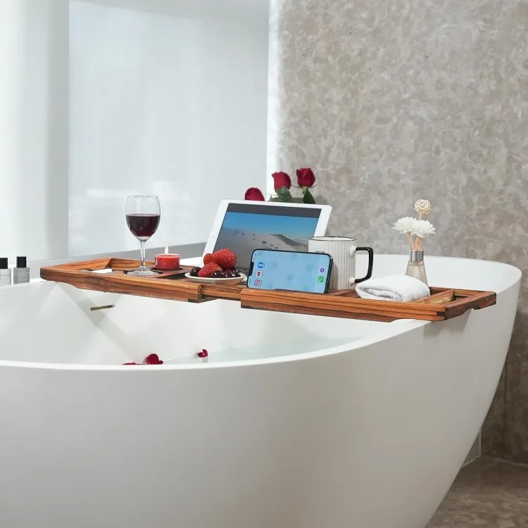 Premium Teak Bathtub Tray, Expandable Wooden Bath Tray for Tub, Luxury Bathtub & Bathroom Accessories image 6