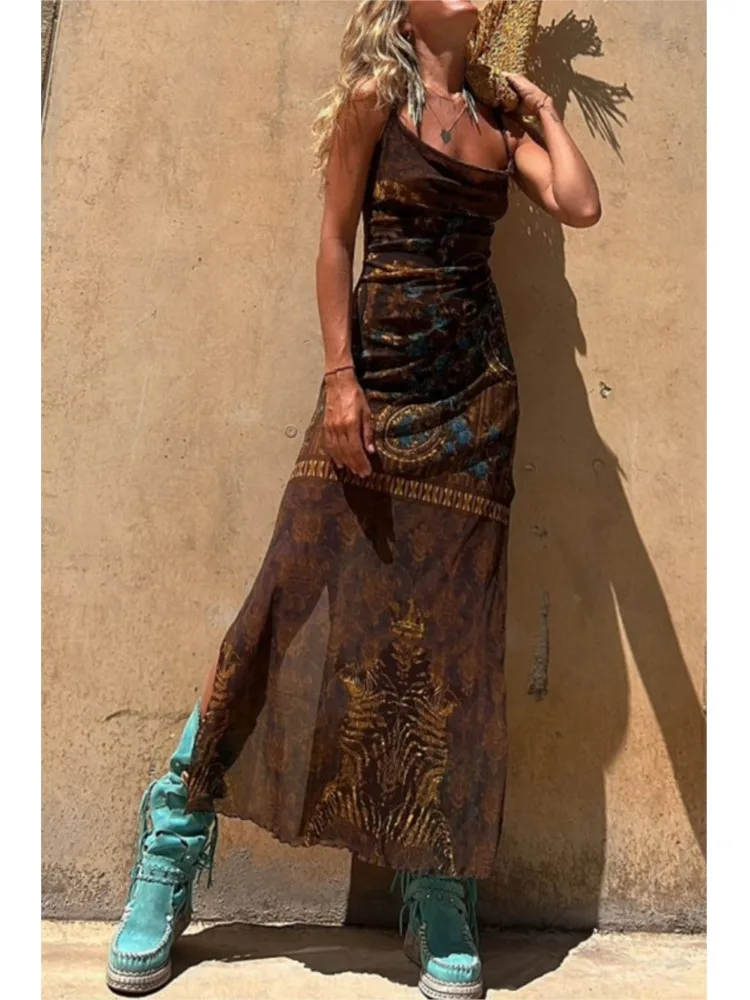 Sexy Backless Lace-up Mesh Dress Women 2024 Summer See-through Spaghetti Strape High Split Vacation Long Dresses Beach Vestidos