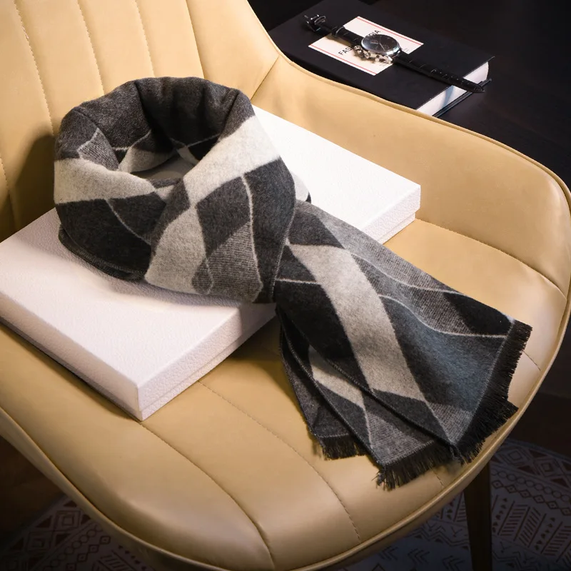 Men's Black White Plaid Wool Blend Scarf Warm Winter Neck Wrap Premium Versatile Shawl Nice Gift for Boyfriend & Holiday Present