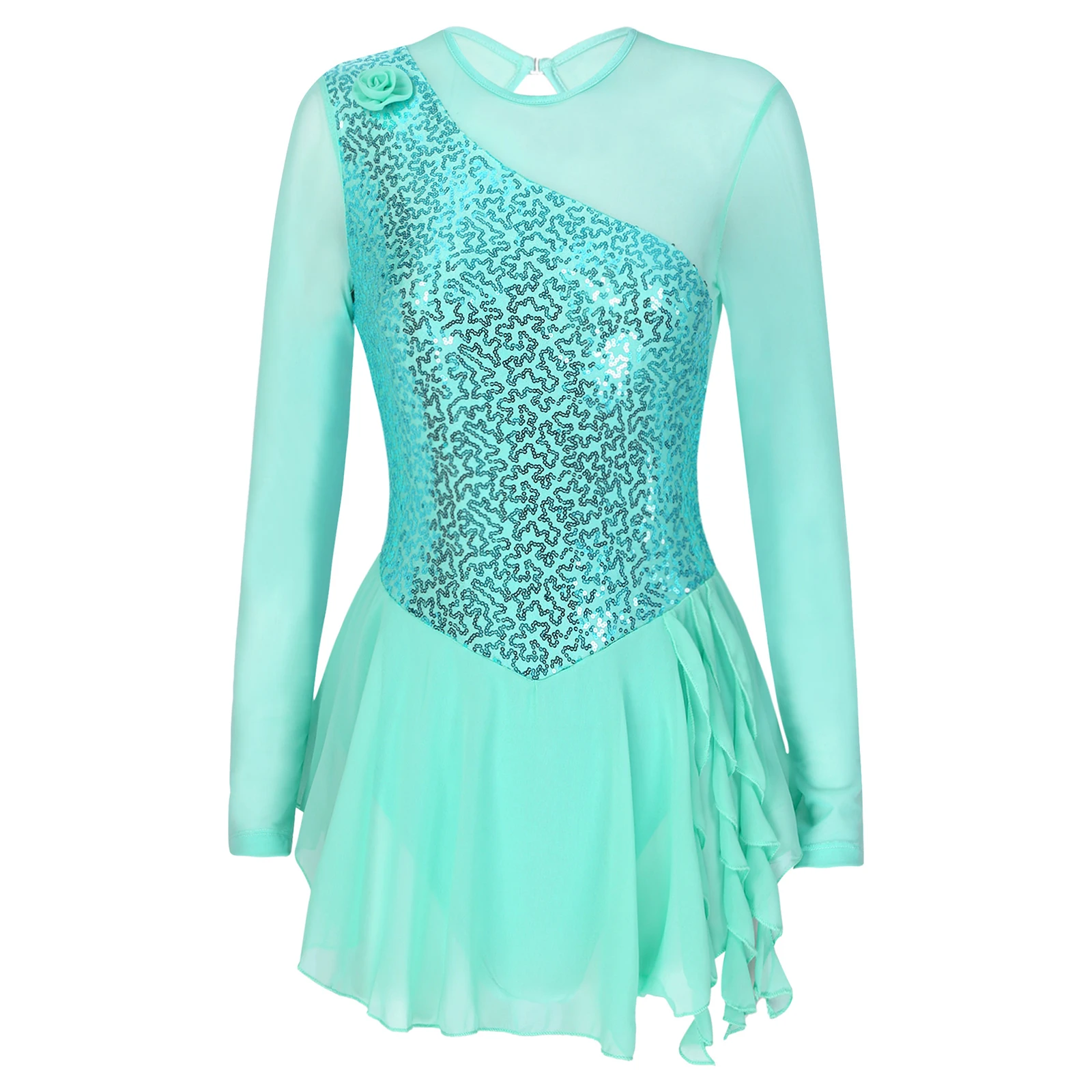 Sequins รูปสเก็ตน้ำแข็ง Roller สเก็ตเต้นรำเครื่องแต่งกายผู้หญิง Tulle Gymnastic Leotard แขนยาวตาข่าย Splice บัลเล่ต์ Dancewear