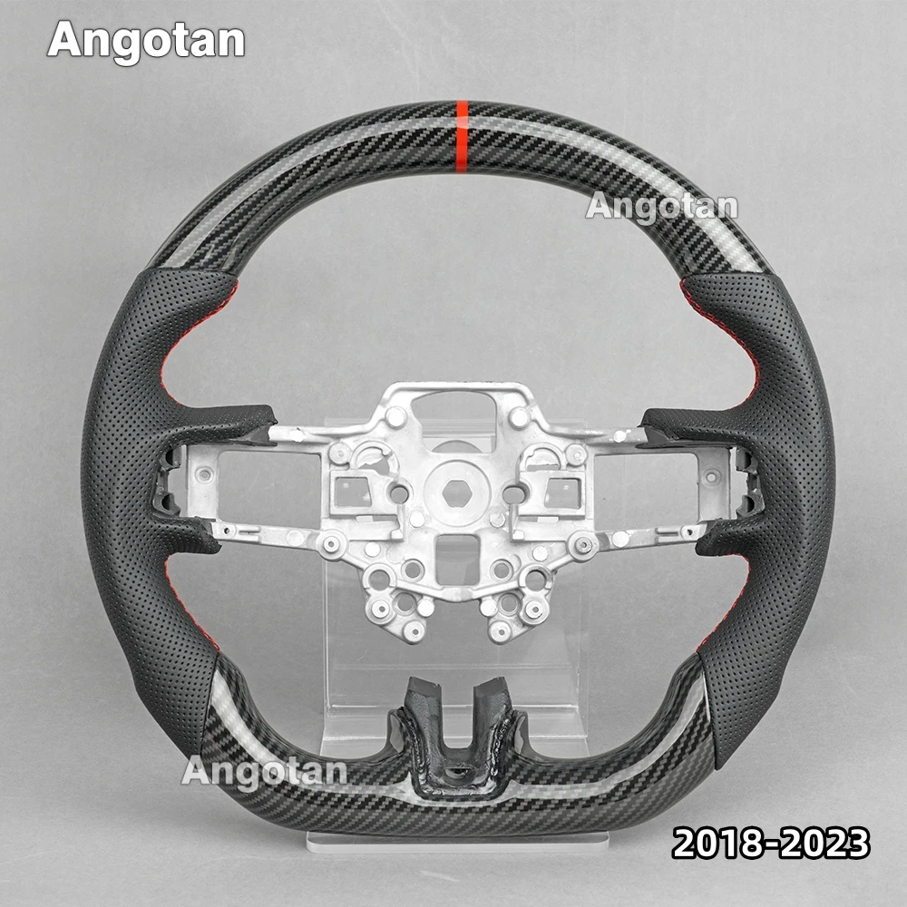 عجلة قيادة من ألياف الكربون الحقيقية LED لسيارة Ford Mustang EcoBoost GT Shelby GT350 2015-2017 2018-2023 كربون مائي/جلد كامل