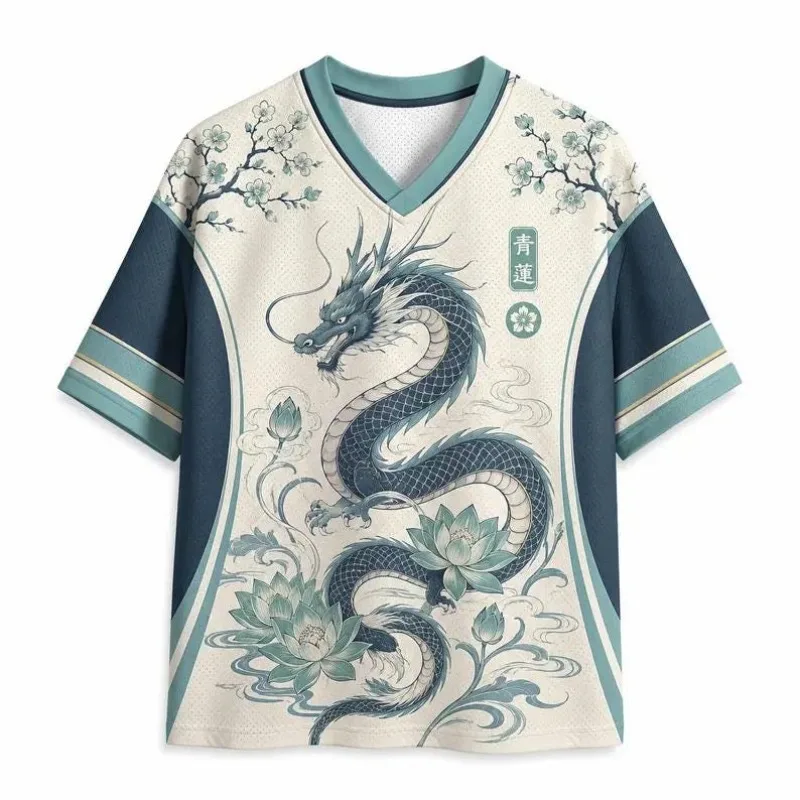 Chinese Azure Dragon Lotus Jersey Vintage Oriental Floral Plum Blossom Print V‑Neck Color Block Short Sleeve Sports Tee Top