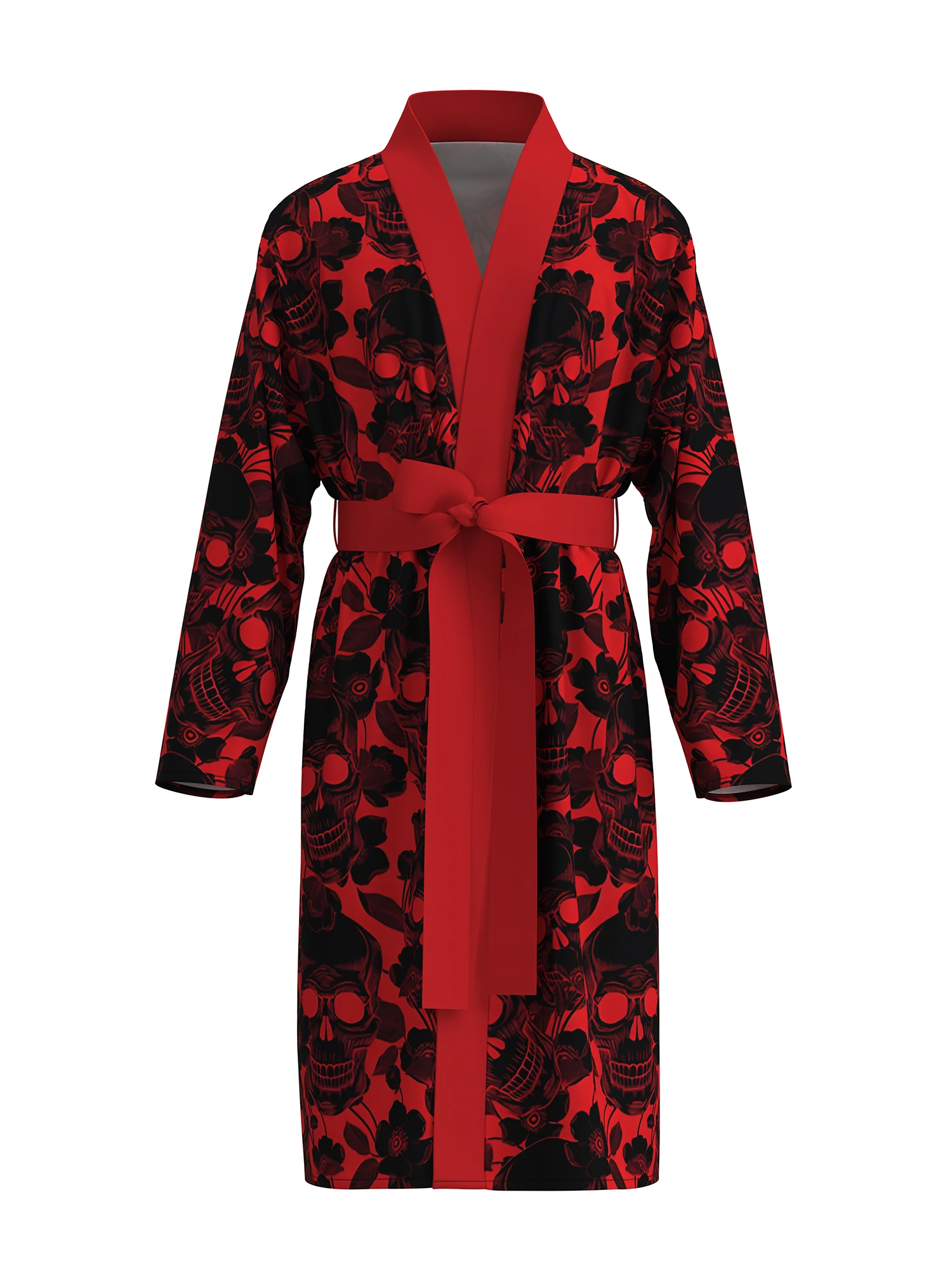 

Men's 3D printed bathrobe red rose skull pattern skin-friendly quick-drying spring and autumn thin style with belt