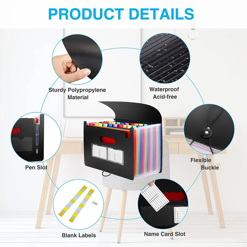 24 Pockets Expanding File Folder Letter A4 Paper Document With Blank Labels Desktop Storage Organizer