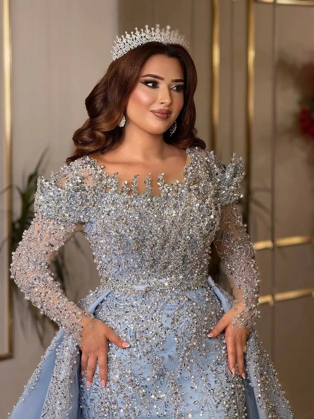 Sky Blue Long Evening Dresses Long Sleeves Beaded Saudi Arabia Dubai Robe De Soiree Middle Eastern Prom Dress Gown Customized