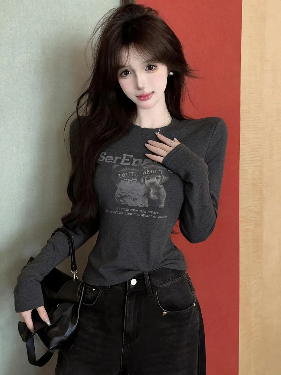 Retro American Hot Girl Letter Print Long Sleeve Slim Fit Versatile T-Shirt Simple Small Audience Upper Apparel Polyester Fiber