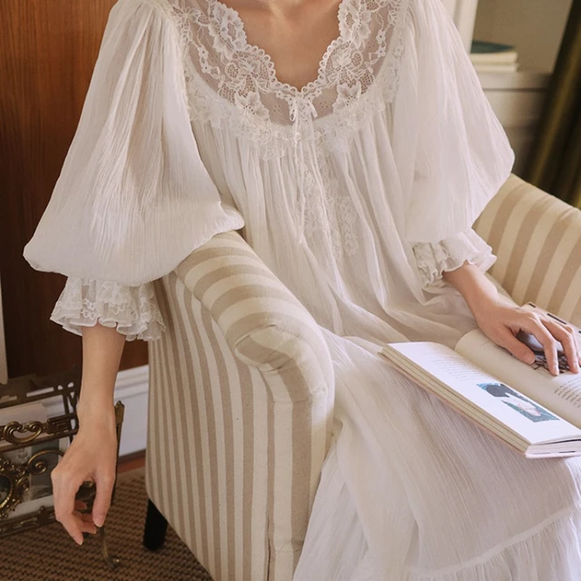 100 Cotton Night Dress Women Fairy Sleepwear Court Style Long Dressing Gown Robe Romantic White Lace Nightdress Loose Nightwear AliExpress 200574005