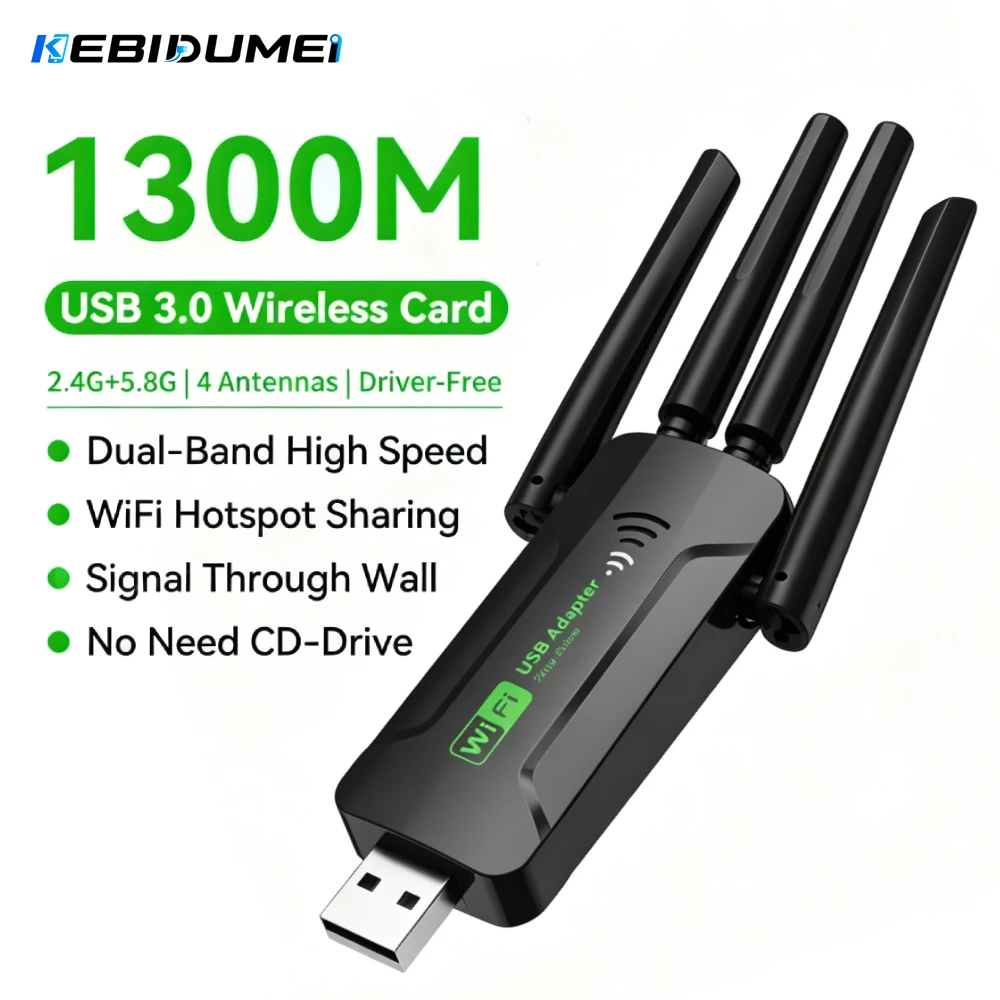 KEBIDUMEI 1300Mbps USB 3.0 WiFi Adapter Network Card Dual Band 2.4G/5GHz USB Wireless Receiver Transmitter For Desktop Laptop PC