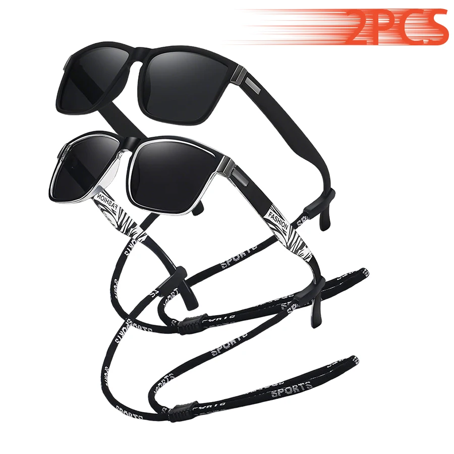 2PCS Unisex Sunglasses with Chain Detail Fashion Pattern Colorful Safety Goggles for Driving Fishing Cycling